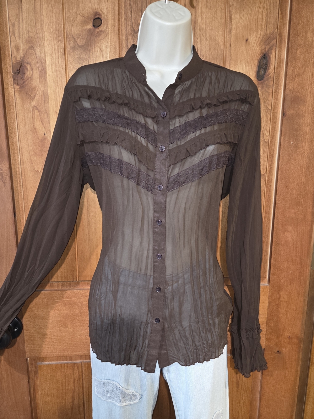 Apt. 9 Sheer Chocolate Brown Lace-Trim Button Blouse